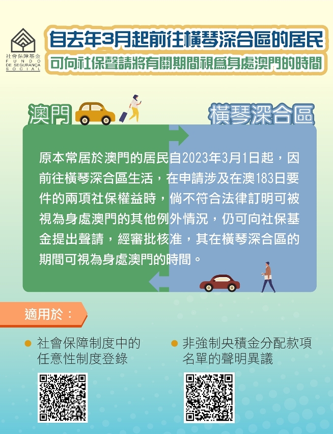 自去年3月起前往橫琴深合區的居民可向社保聲請將有關期間視為身處澳門的時間——圖文包