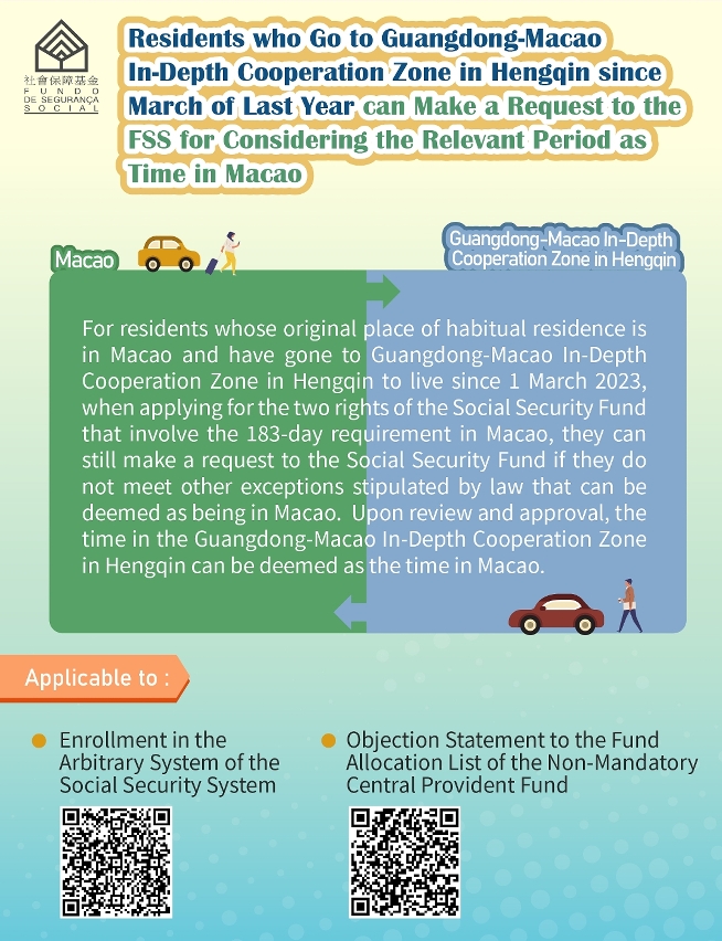 Residents who have gone to Guangdong-Macao In-Depth Cooperation Zone in Hengqin since March of last year can make a request to the FSS for considering the relevant period as time in Macao -- Infographics