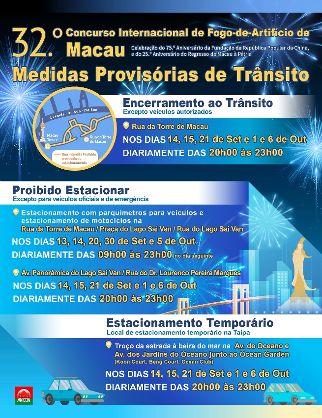 Infografia sobre medidas provisórias de trânsito do evento “Celebração do 75.º Aniversário da Fundação da RPC e do 25.º Aniversário do Regresso de Macau à Pátria - 32.° Concurso Internacional de Fogo-de-Artifício de Macau”