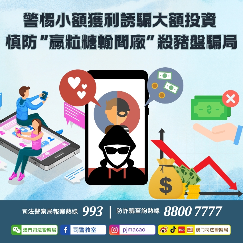 司警局呼籲警惕小額獲利誘騙大額資金 慎防“贏粒糖輸間廠”殺豬盤騙局