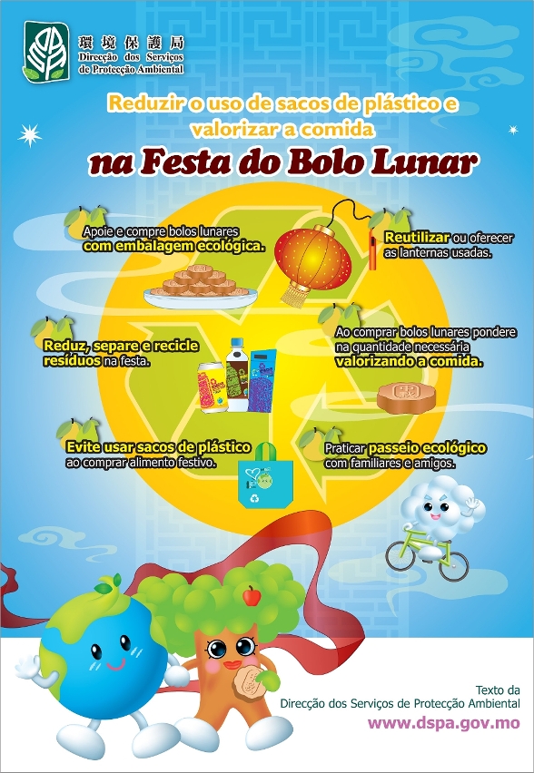 Cartaz com palavra de ordem “Vamos celebrar a Festa do Bolo Lunar reduzindo o uso de sacos de plástico e valorizando os alimentos”