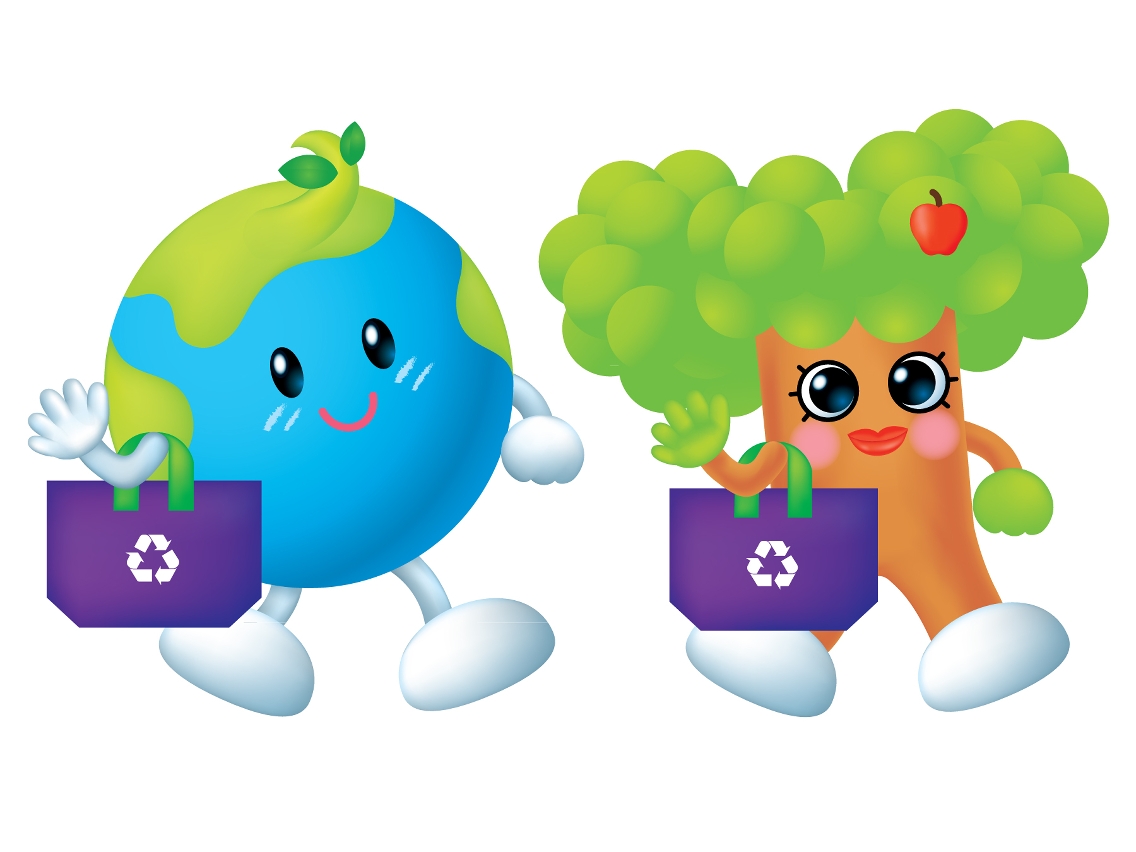 As duas mascotes da DSPA apelam aos cidadãos para que tragam os seus próprios sacos ecológicos para fazer compras.