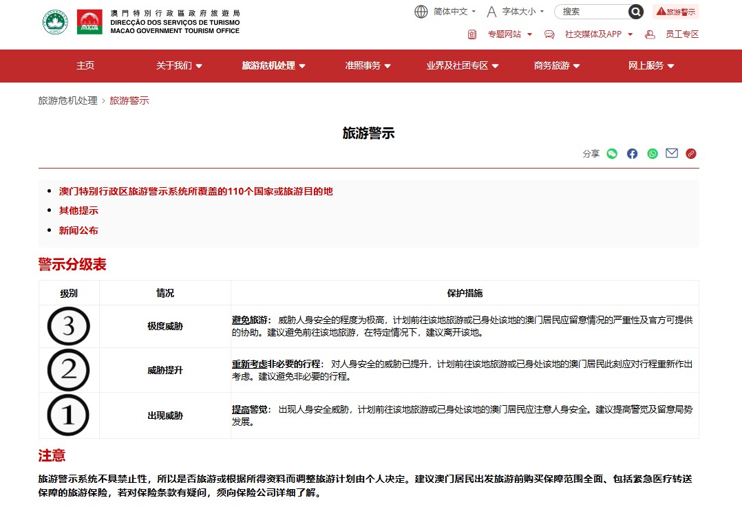 澳门特别行政区旅游警示系统所覆盖的国家或旅游目的地增至110个