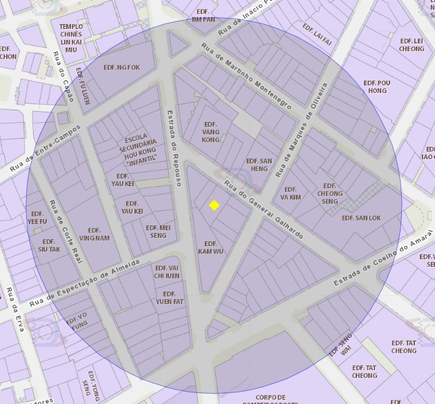 A área de risco, com um raio de 100 metros, circunda o Edifício Heng Fat, na Rua do General Galhardo