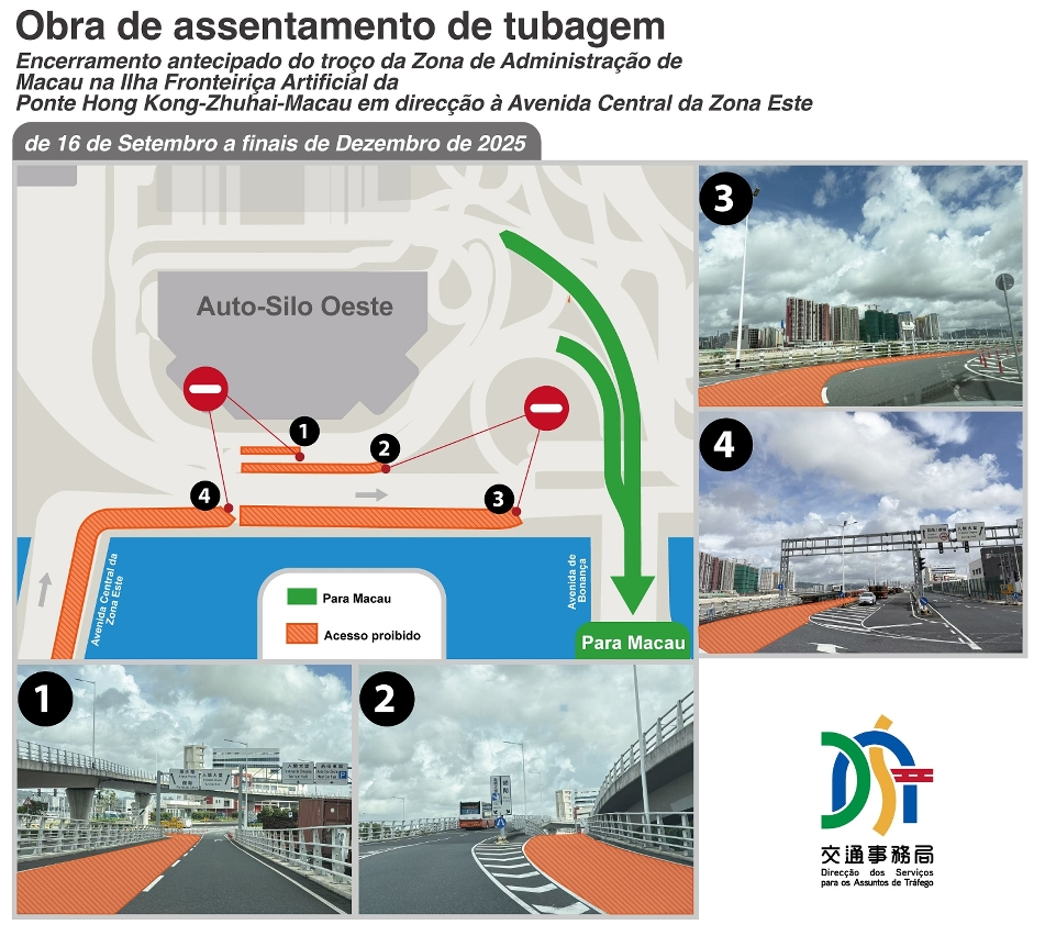 Figura 8: Obra de assentamento de tubagem Encerramento antecipado do troço da Zona de Administração de Macau na Ilha Fronteiriça Artificial da Ponte Hong Kong-Zhuhai-Macau em direcção à Avenida Central da Zona Este