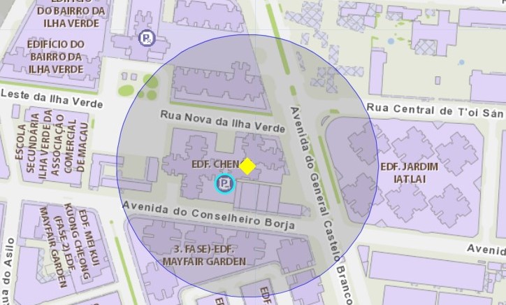 a área de risco com um raio de 100 metros, delimita o edifício cheng i (bloco 2)