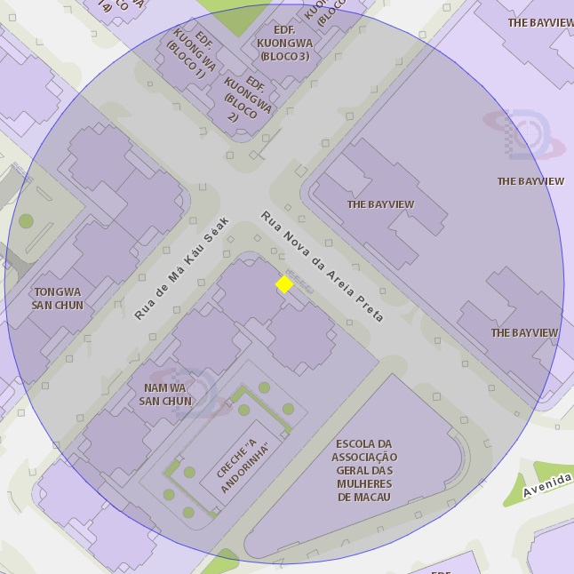 a área de risco com um raio de 100 metros, delimita a paragem dos autocarros n.ºs ap1 e 3a do edifício nam wa san chun