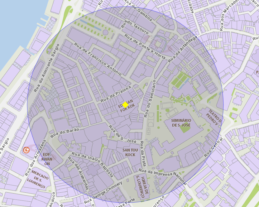 a área de risco com um raio de 200 metros, delimita o edifício sam fok kok, n.º 15 do largo do aquino de s. lourenço