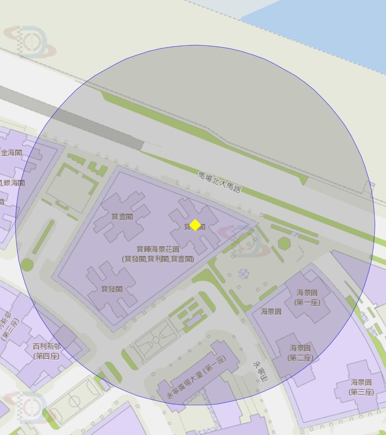 黑沙環馬場北大馬路寶暉海景花園寶利閣附近風險區域100米半徑範圍