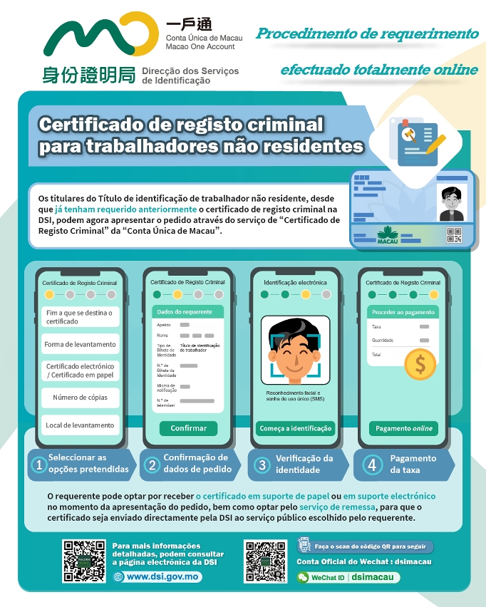 “Conta Única de Macau” disponibiliza aos trabalhadores não residentes novo serviço de requerimento do certificado de registo criminal (não pela primeira vez)