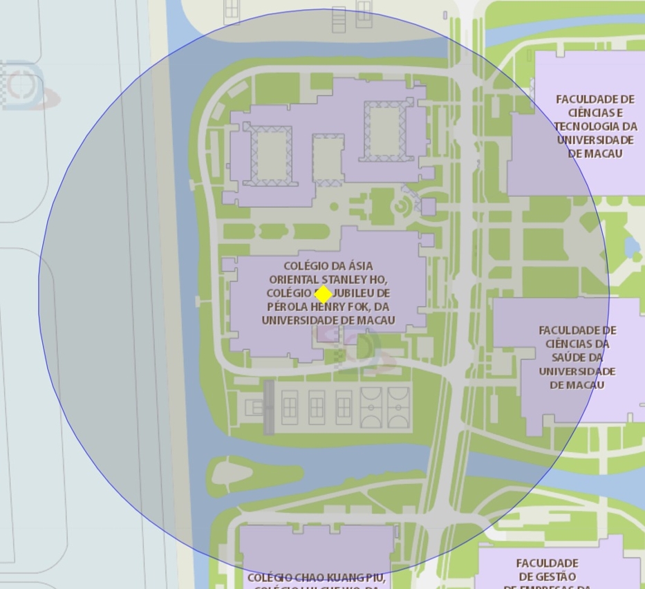 a área de risco, com um raio de 200 metros, circunda a universidade de macau