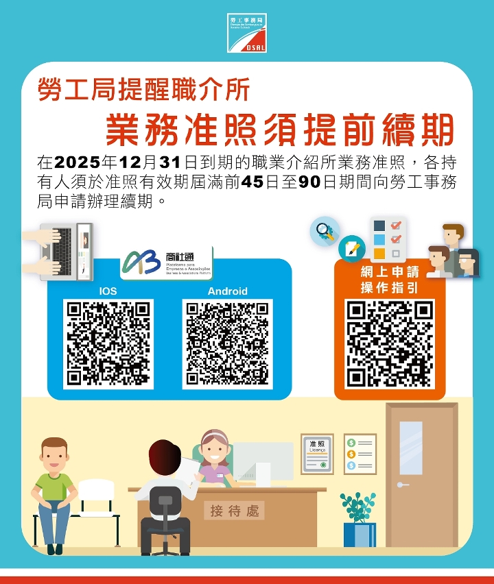 勞工局提醒職介所業務准照須提前續期