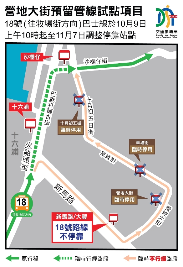 附圖2_營地大街預留管線試點項目18號(往牧場街方向)巴士線於10月9日上午10時起至11月7日調整停靠站點