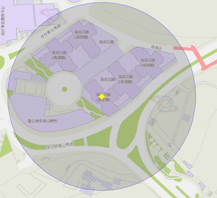 氹仔高勵雅馬路海灣花園（海皇閣）附近風險區域100米半徑範圍