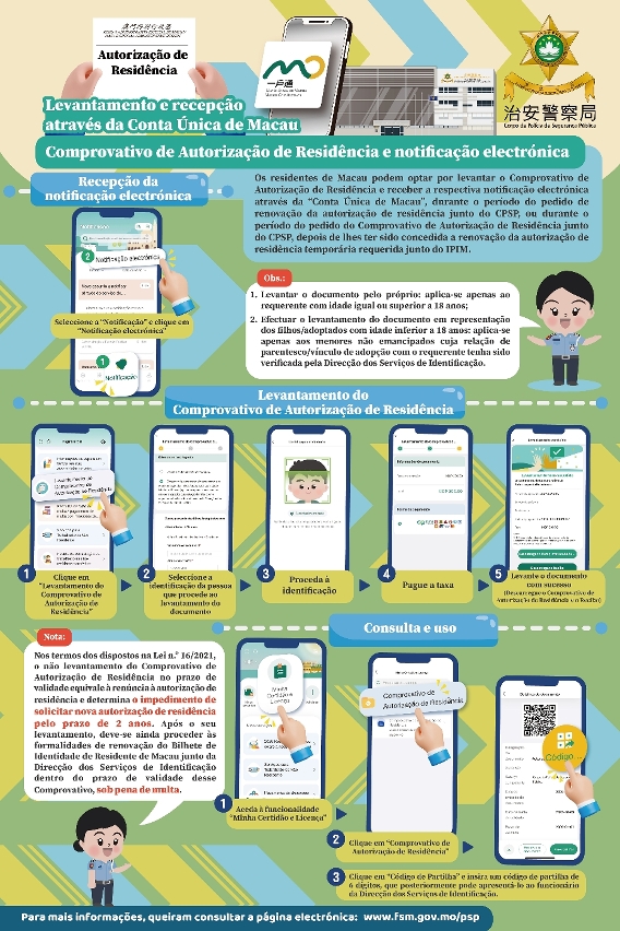 Levantamento do Comprovativo de Autorização de Residência e recepção da notificação electrónica através da "Conta Única de Macau"