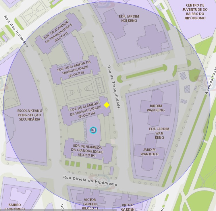 a área de risco com um raio de 100 metros, delimita o terminal de autocarros do edifício de alameda da tranquilidade