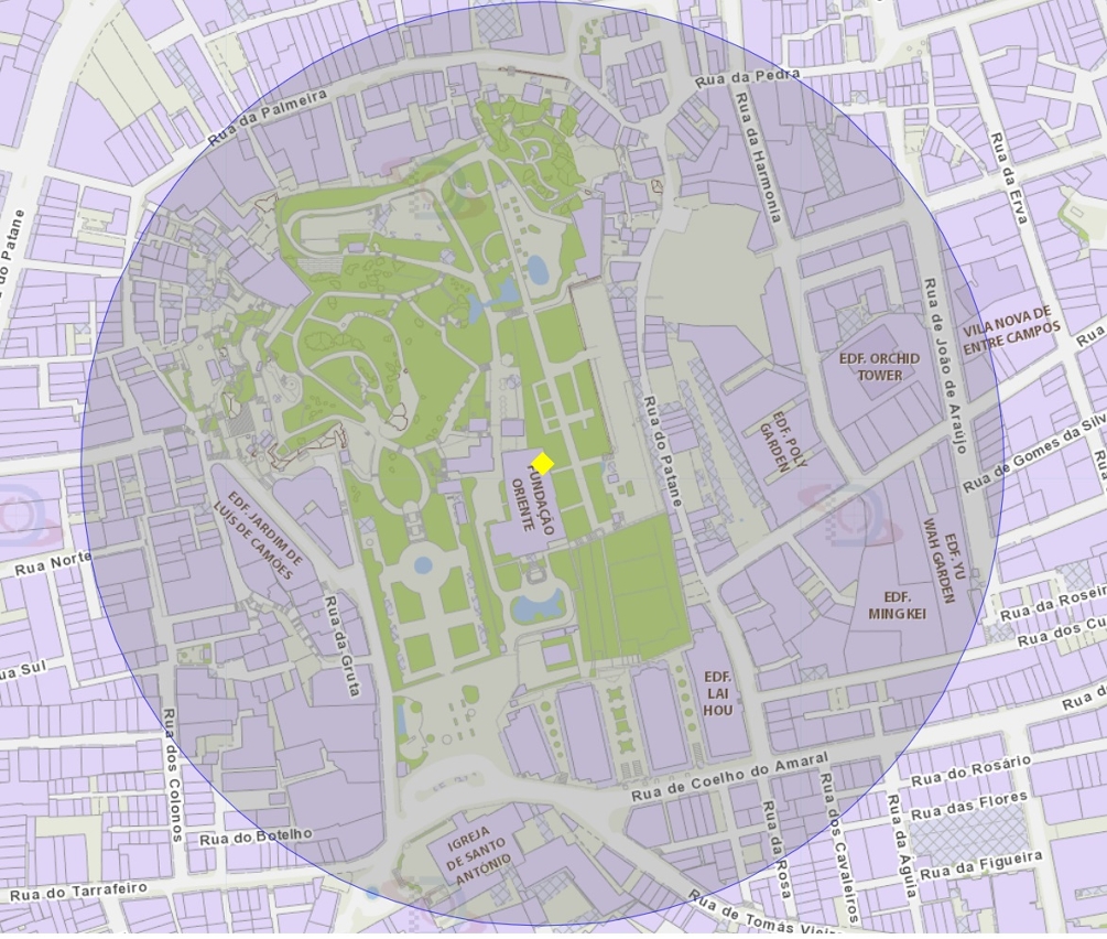 Zona de risco com raio de 200 metros nas proximidades do Jardim Luís de Camões