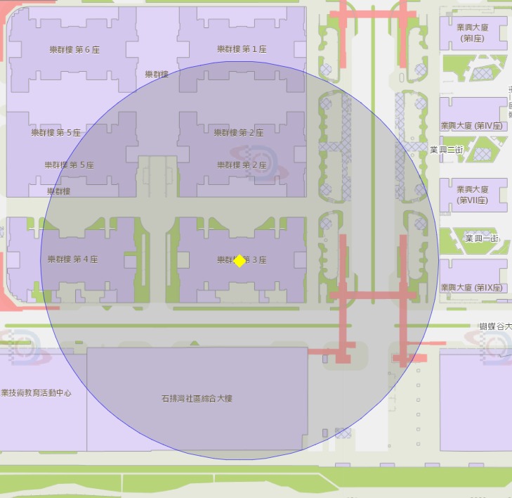 路環石排灣樂群樓第三座附近風險區域100米半徑範圍