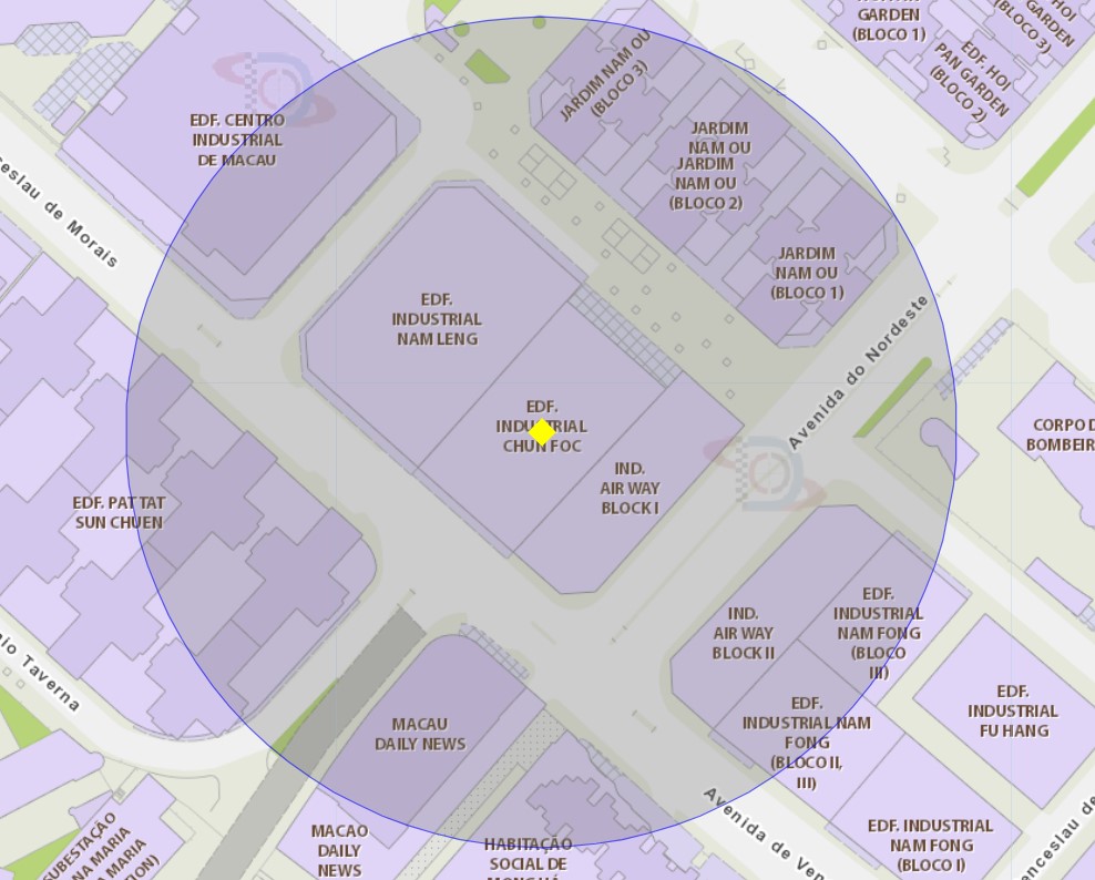 7. A área de um raio de 100 metros ao redor do edf. industrial chun foc da avenida de venceslau de morais 201-207, está delimitada como zona de risco