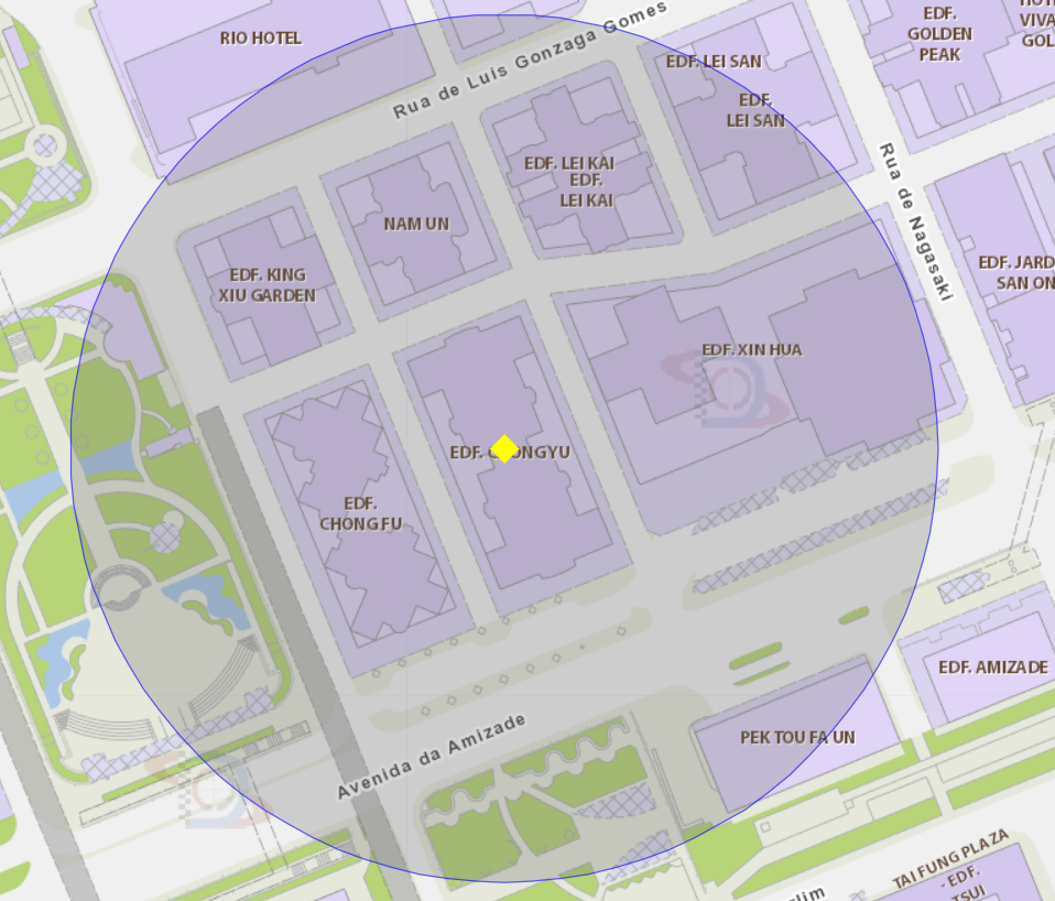 8. A área de um raio de 100 metros ao redor do edf. chong yu da avenida da amizade, está delimitada como zona de risco