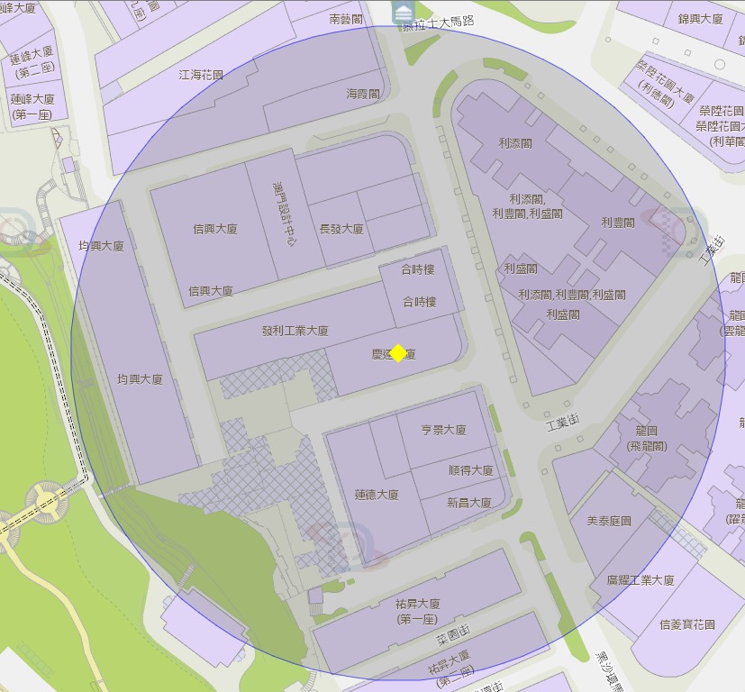 慶運大廈附近風險區域100米半徑範圍