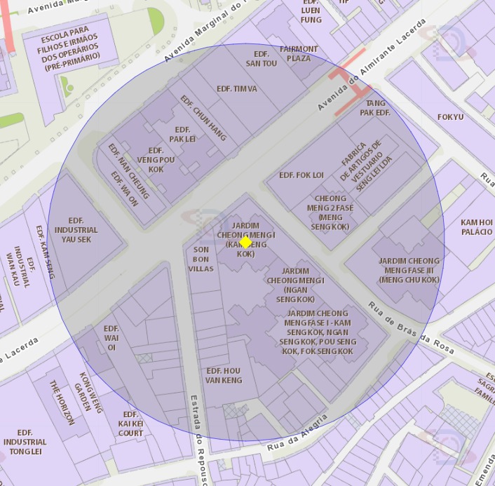 A área de risco com um raio de 100 metros, delimita o jardim cheong meng de macau (kam seng kok)