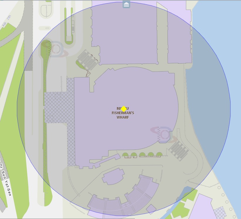 A área de risco com um raio de 100 metros, delimita o centro de convenções e exibições- macau fisherman’s wharf