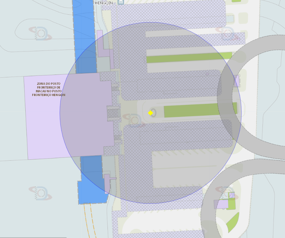 zona de risco com raio de 100 metros nas proximidades da zona de espera de autocarros do Posto Fronteiriço de Macau em Hengqin.