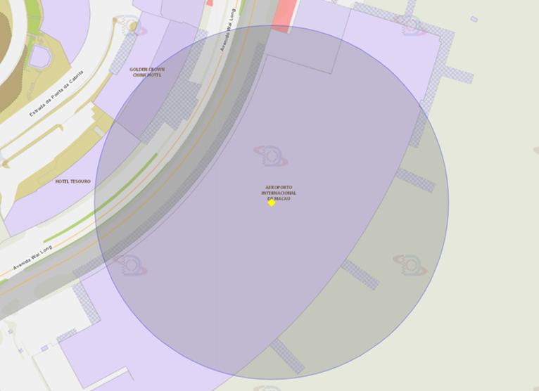 zona de risco com raio de 100 metros nas proximidades do Aeroporto Internacional de Macau