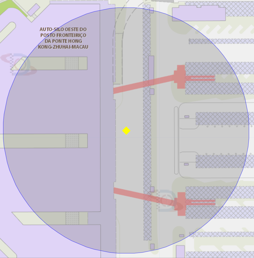 zona de risco com raio de 100 metros nas proximidades do Posto Fronteiriço de Macau da Ponte Hong Kong-Zhuhai-Macau