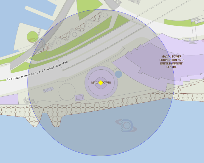 zona de risco com raio de 100 metros nas proximidades da Torre de Macau