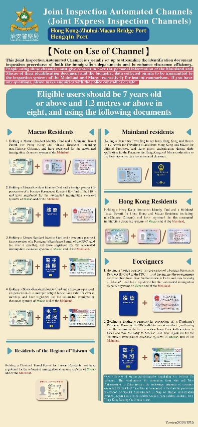 Eligible foreign nationals can use the “automated immigration clearance channels” at the zhuhai-macao port of the hong kong-zhuhai-macao bridge
