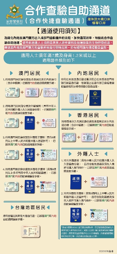 合資格外籍人士可使用港珠澳大橋珠澳口岸「合作查驗自助通道」
