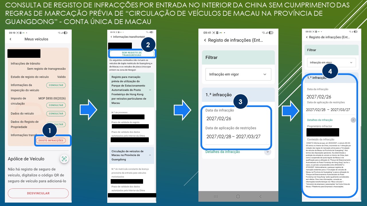 consulta de registo de infracções por entrada no interior da china sem cumprimento das regras de marcação prévia de “circulação de veículos de macau na província de guangdong” - conta única de macau